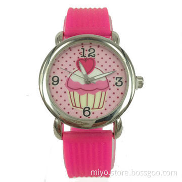 Children's watch in silver case and silicone strap, pattern dial, various colors for selection